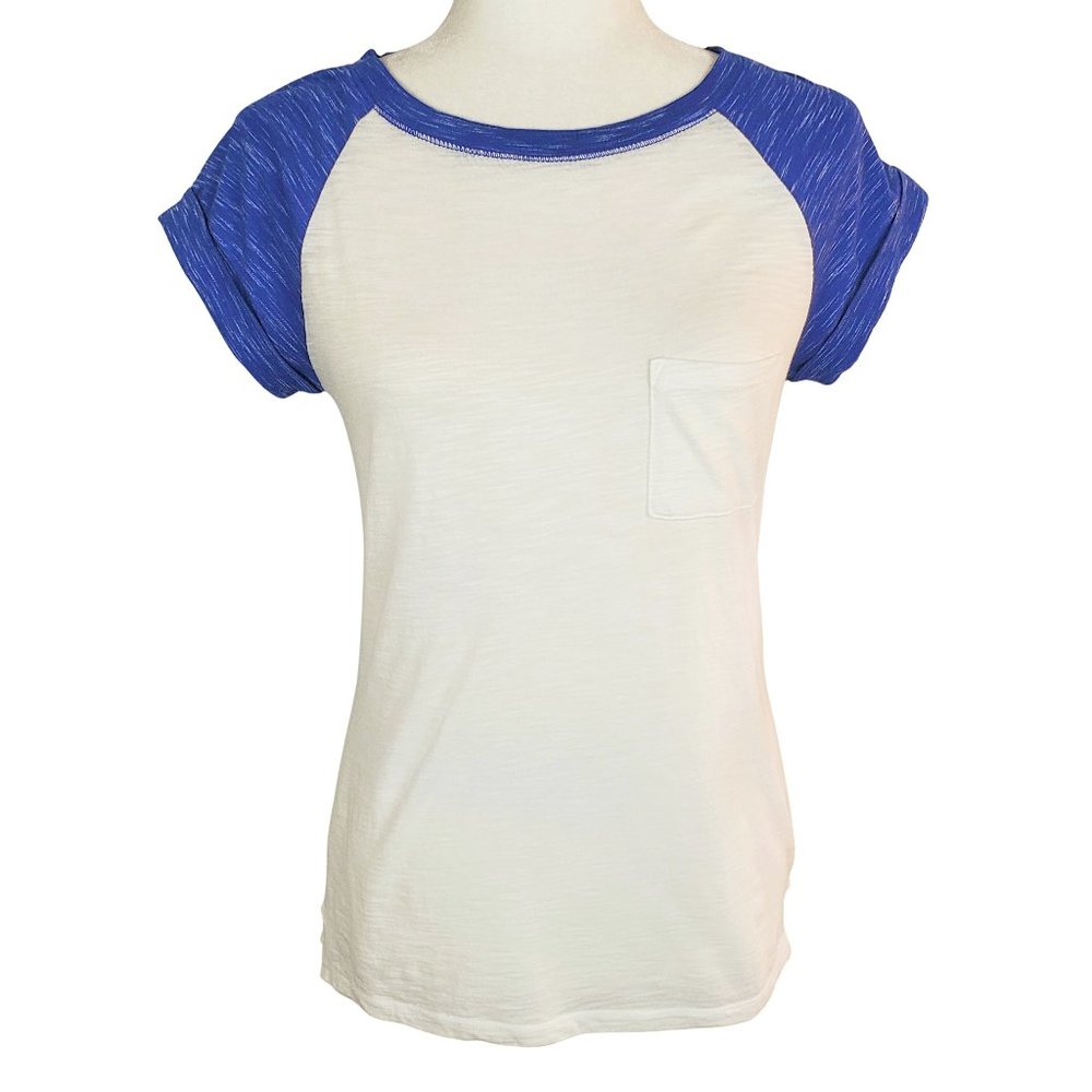 Express NWT Short Sleeve Raglan Baseball Tee Blue White Space Dyed Women's XS